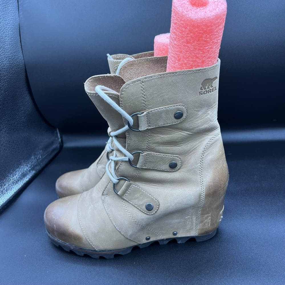 Sorel Boots Womens Size 9 Tan Leather Wedge Lace Up Lug Sole Ankle NL2132 Heeled - Picture 2 of 8